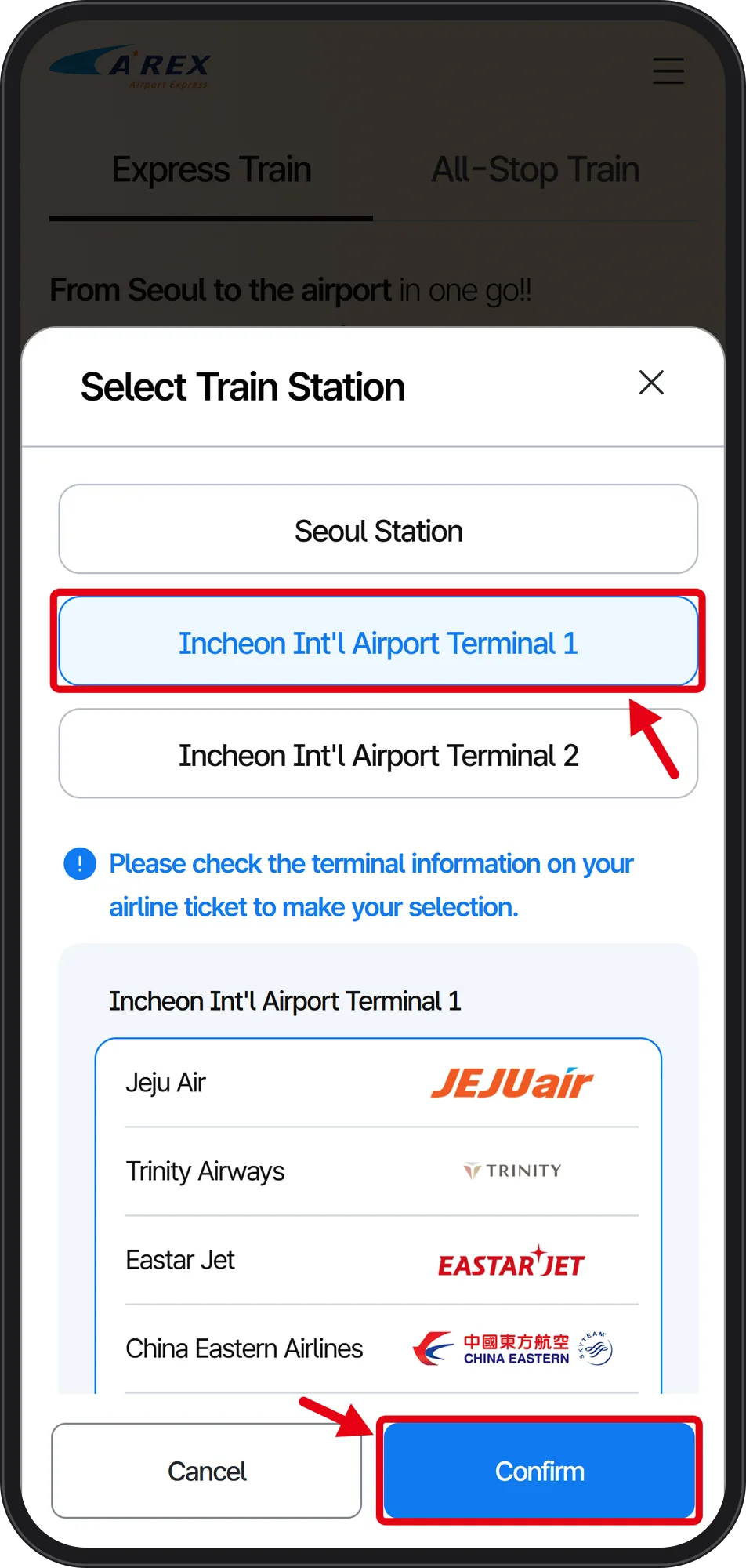 Select Train Station popup with Incheon Int'l Airport Terminal 1 and Confirm boxed
