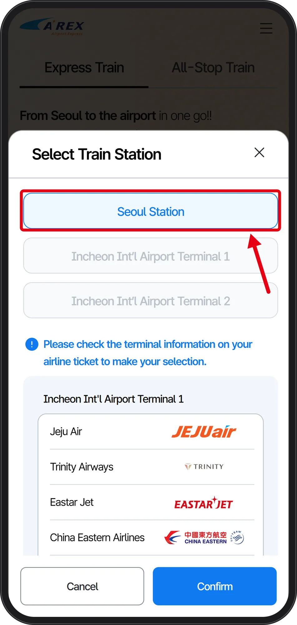 Arrival station popup with Seoul Station boxed in red