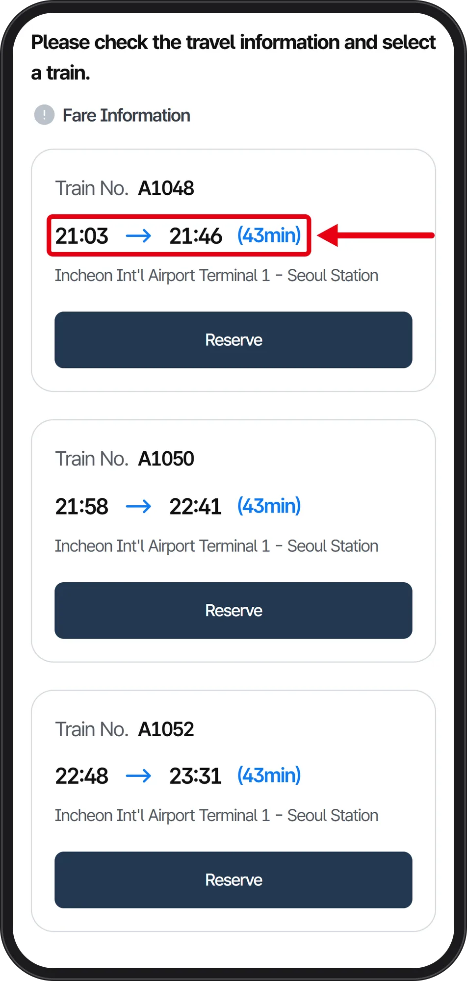 Train list showing A1048, 21:03 to 21:46, 43 minutes, boxed in red