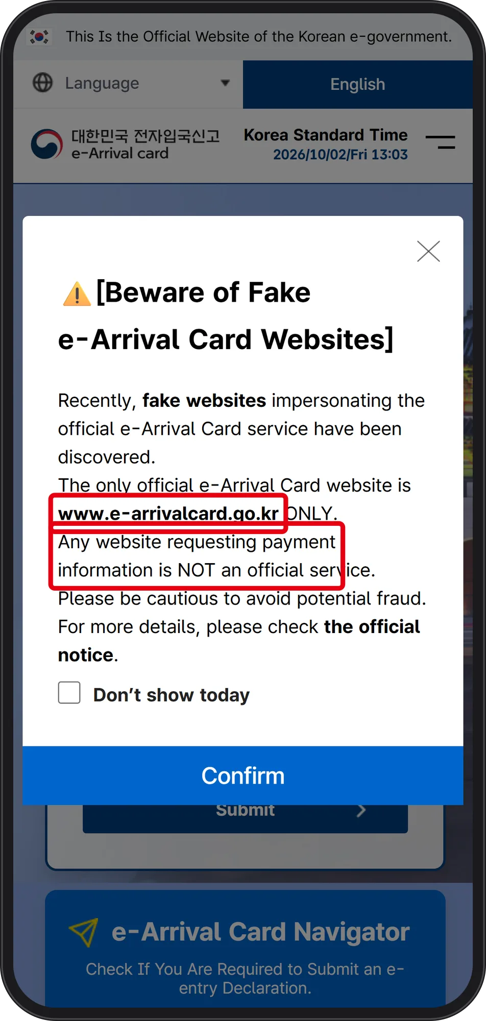 Fake-site warning popup on the official e-Arrival Card website, with the official address and the payment warning boxed in red
