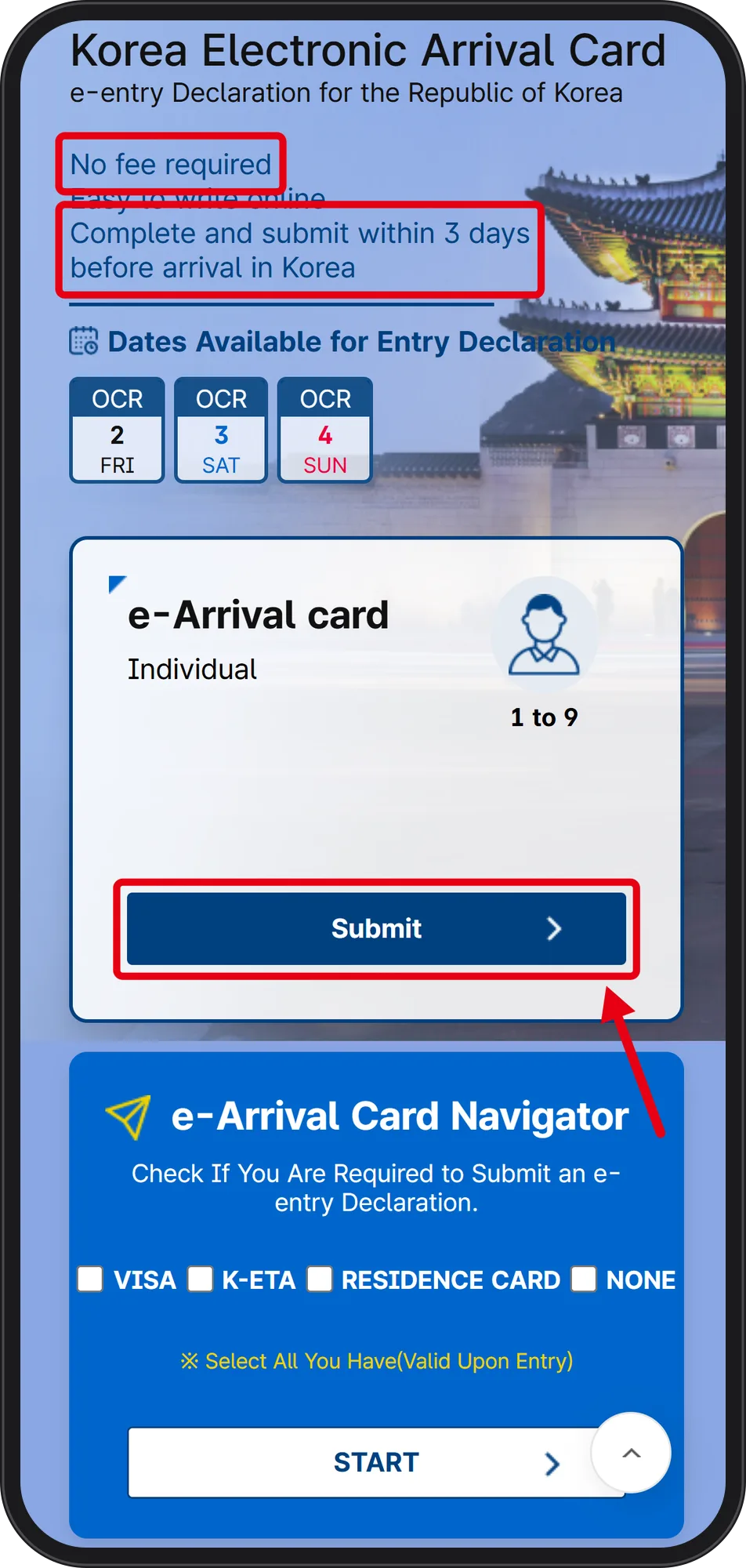 English landing page showing No fee required, the 3-day filing window and the Submit button boxed in red