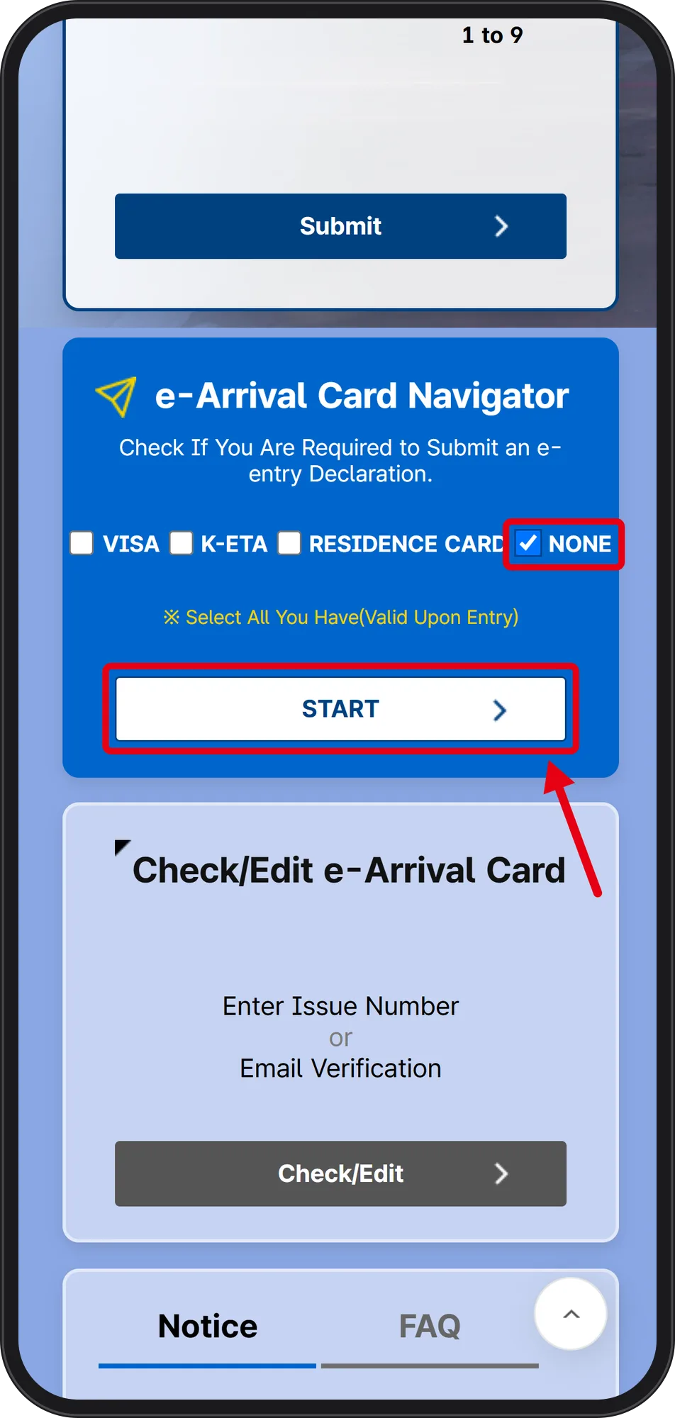 e-Arrival Card Navigator with NONE ticked and the START button boxed in red