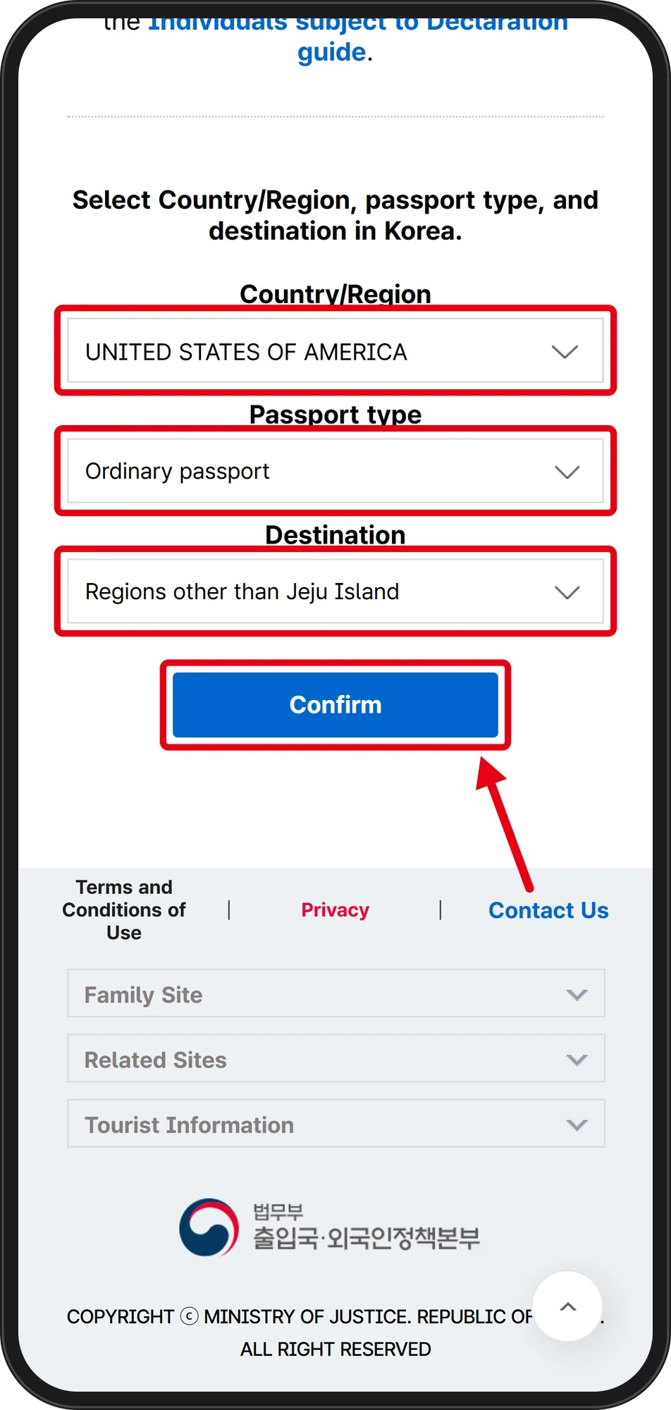 Navigator form with United States, Ordinary passport and Regions other than Jeju Island selected, Confirm boxed in red