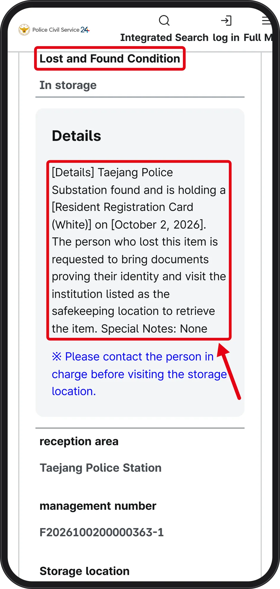 Detail page showing Lost and Found Condition: In storage, with red boxes on the status and the details text