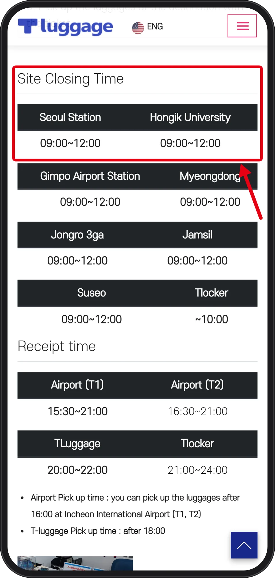 Site Closing Time table in a red box, listing 09:00~12:00 for each branch
