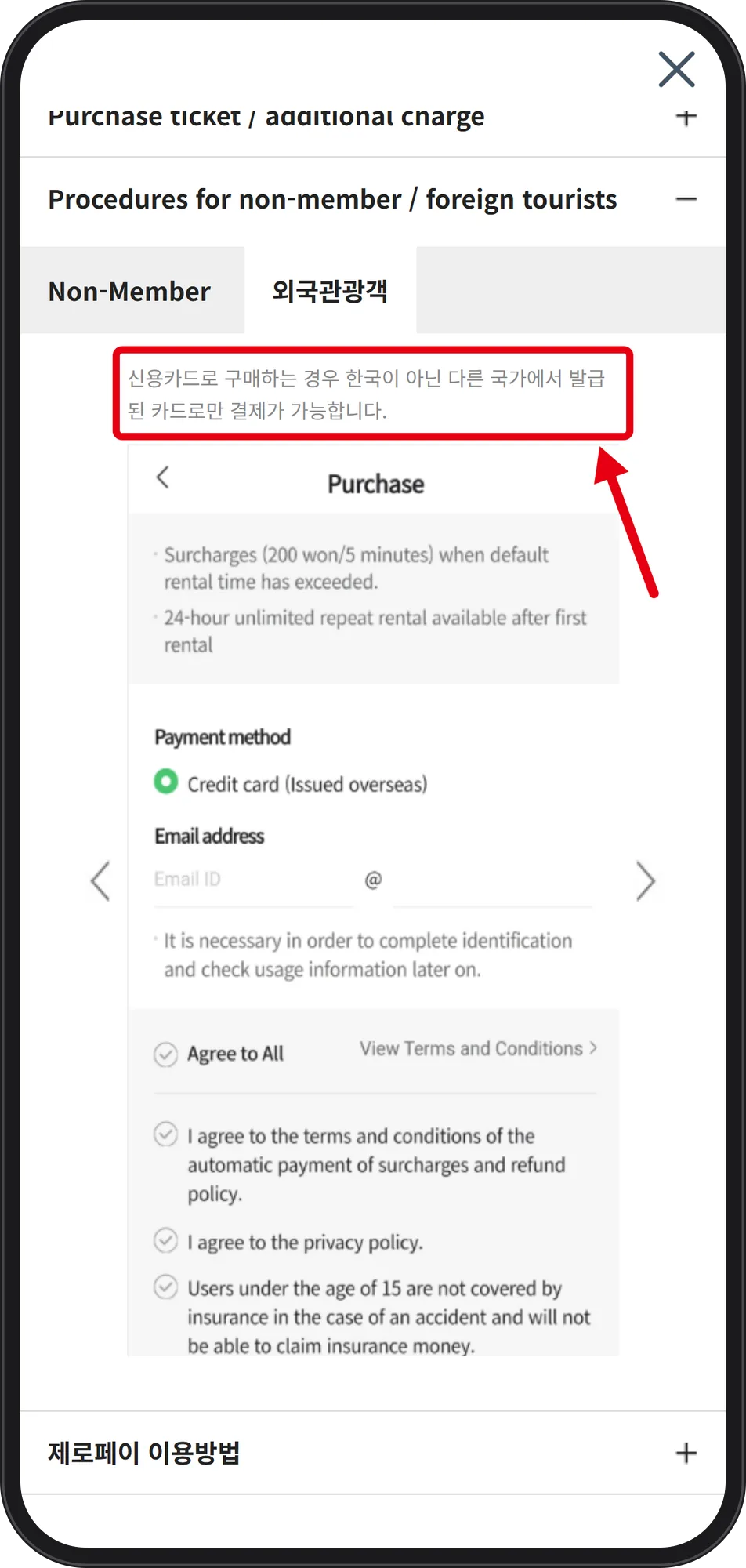 User-guide page with a red box around the Korean sentence about overseas-issued cards, next to the Purchase screen image