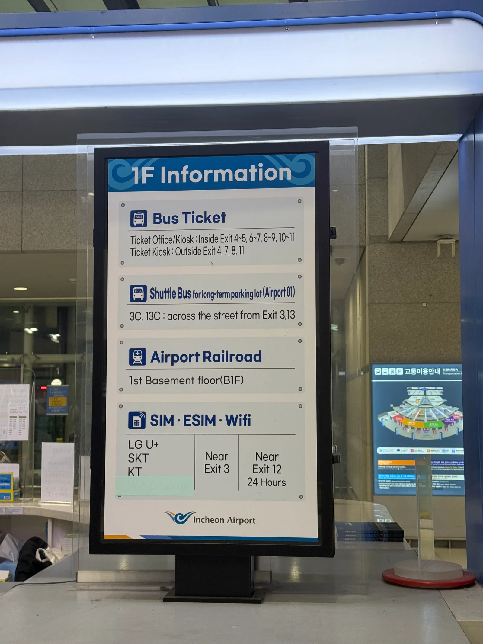 1F Information sign at Incheon Airport Terminal 1 listing bus ticket office and kiosk locations by exit number