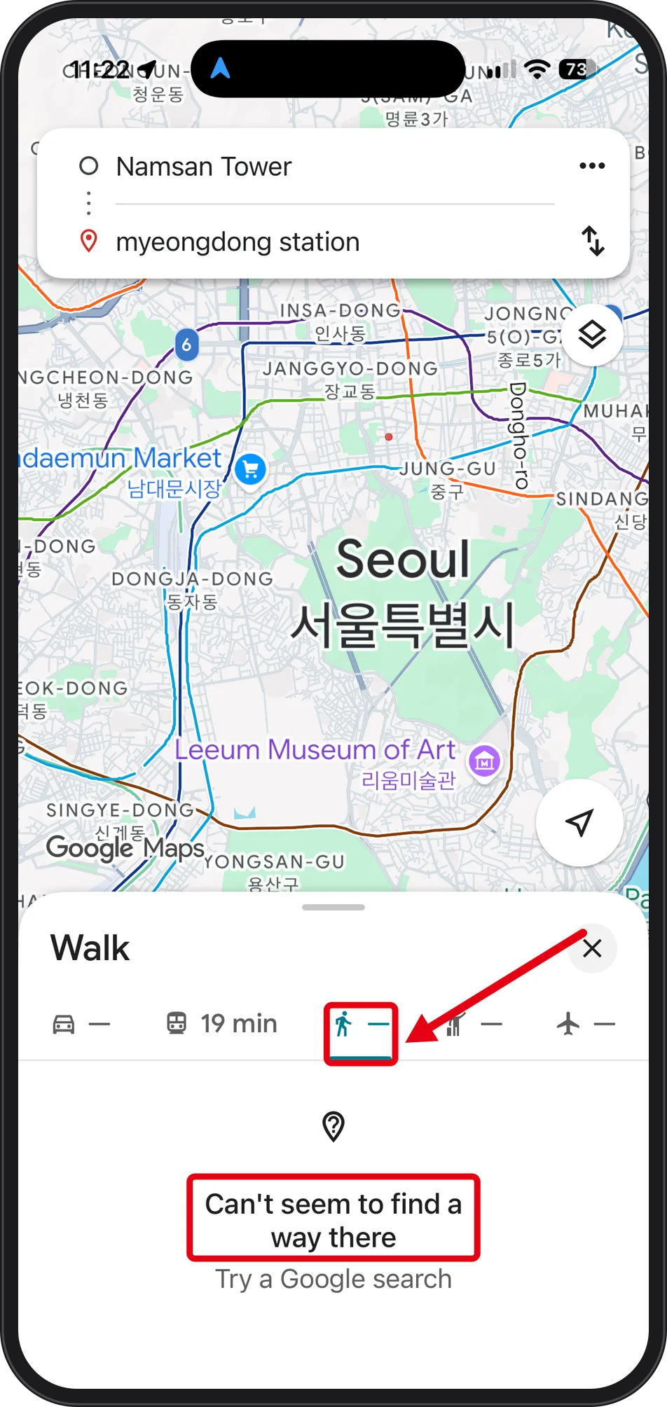 Google Maps walking search from Namsan Tower to myeongdong station, with a red box on the Walk tab and the 