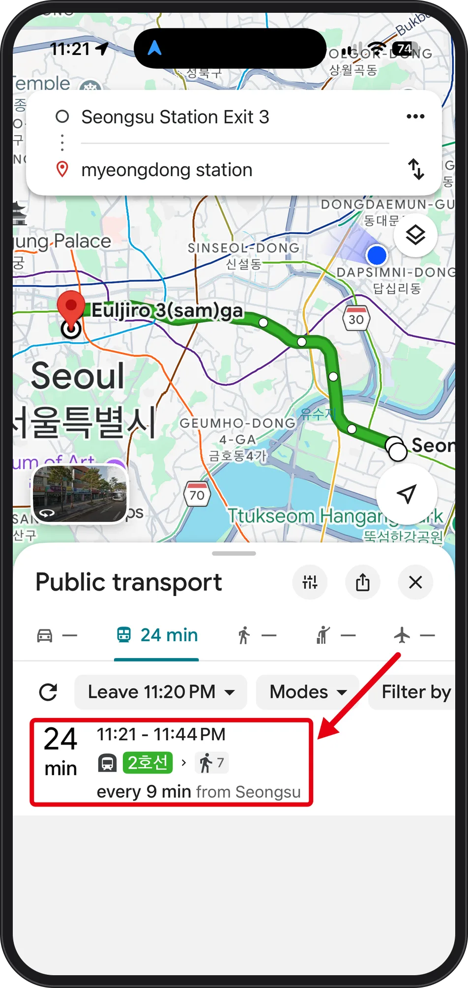Google Maps transit route from Seongsu Station Exit 3 to myeongdong station, red box on the 24 min result