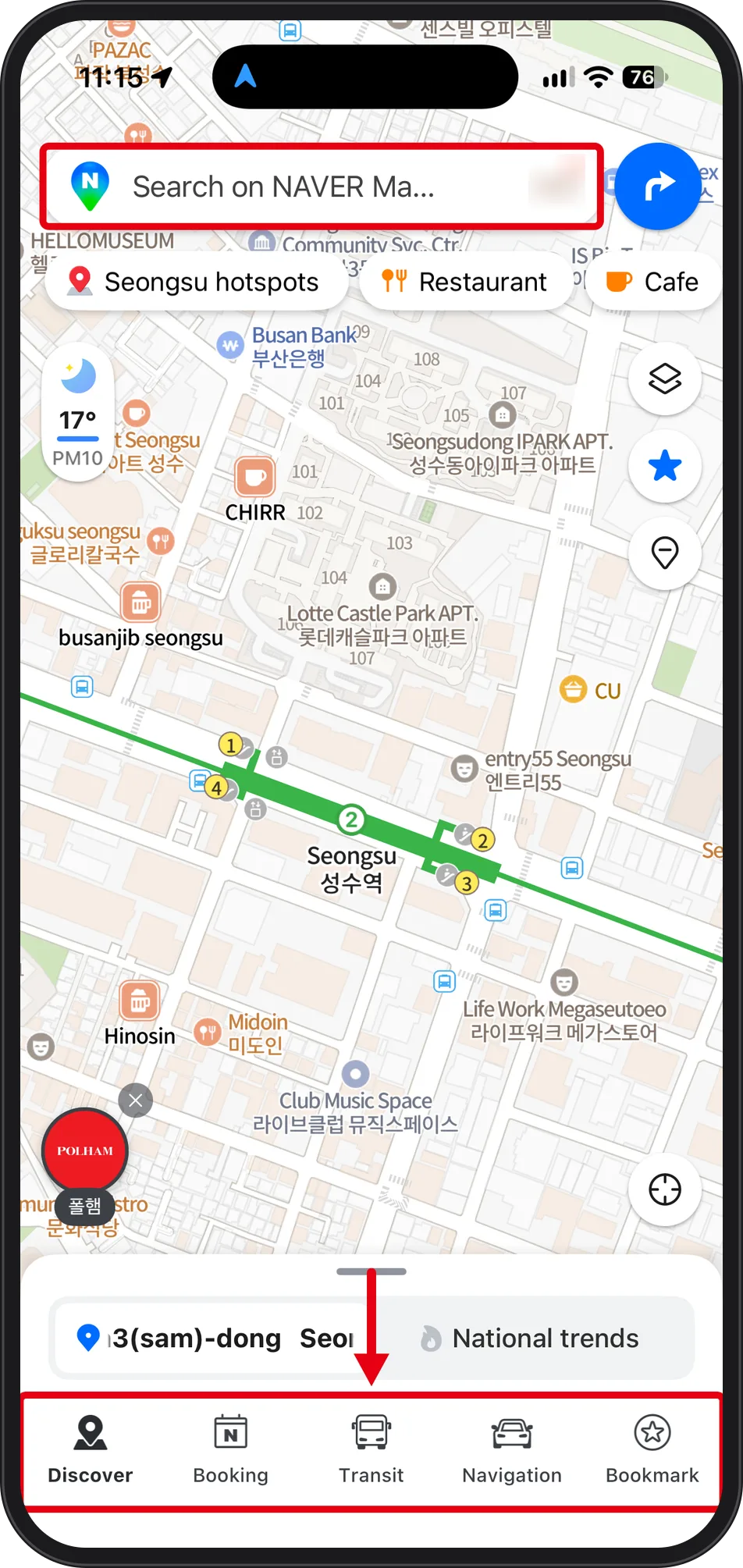 NAVER Map home screen in English over the Seongsu area, red boxes on the top search bar and the bottom tab row