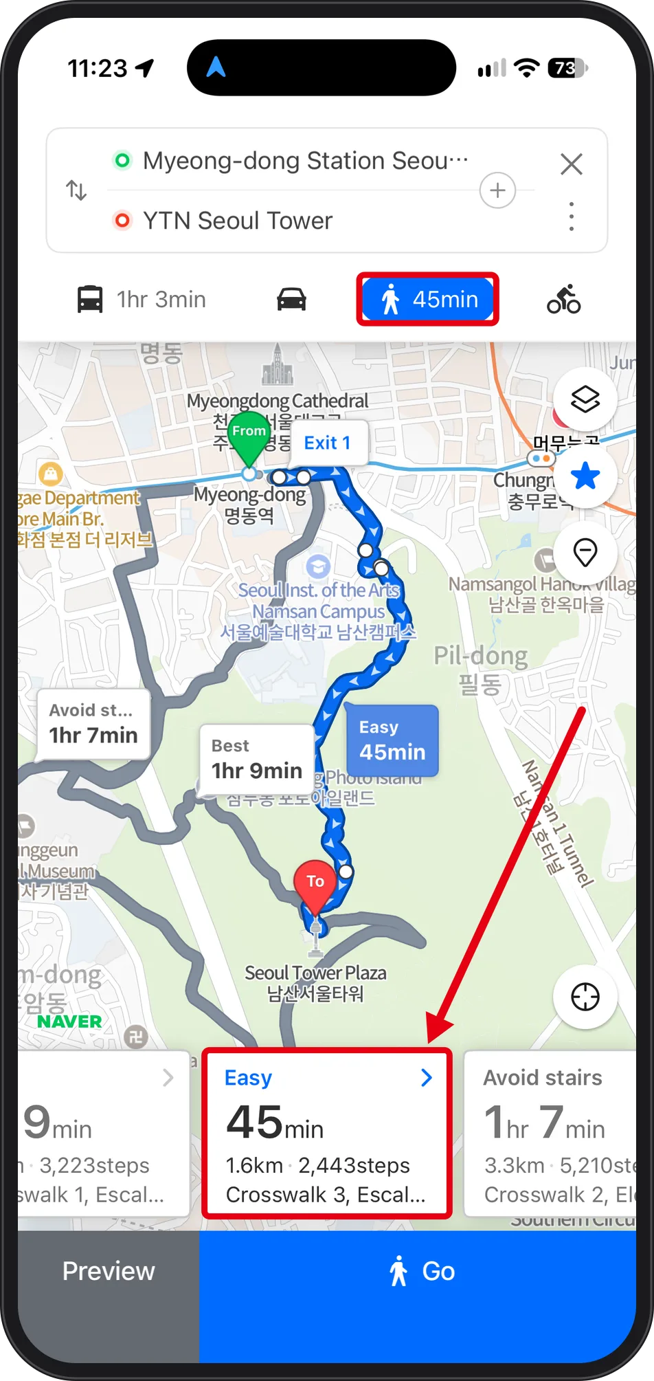 NAVER Map walking route from Myeong-dong Station to YTN Seoul Tower, blue line on the map, red boxes on the 45min time and the route options card