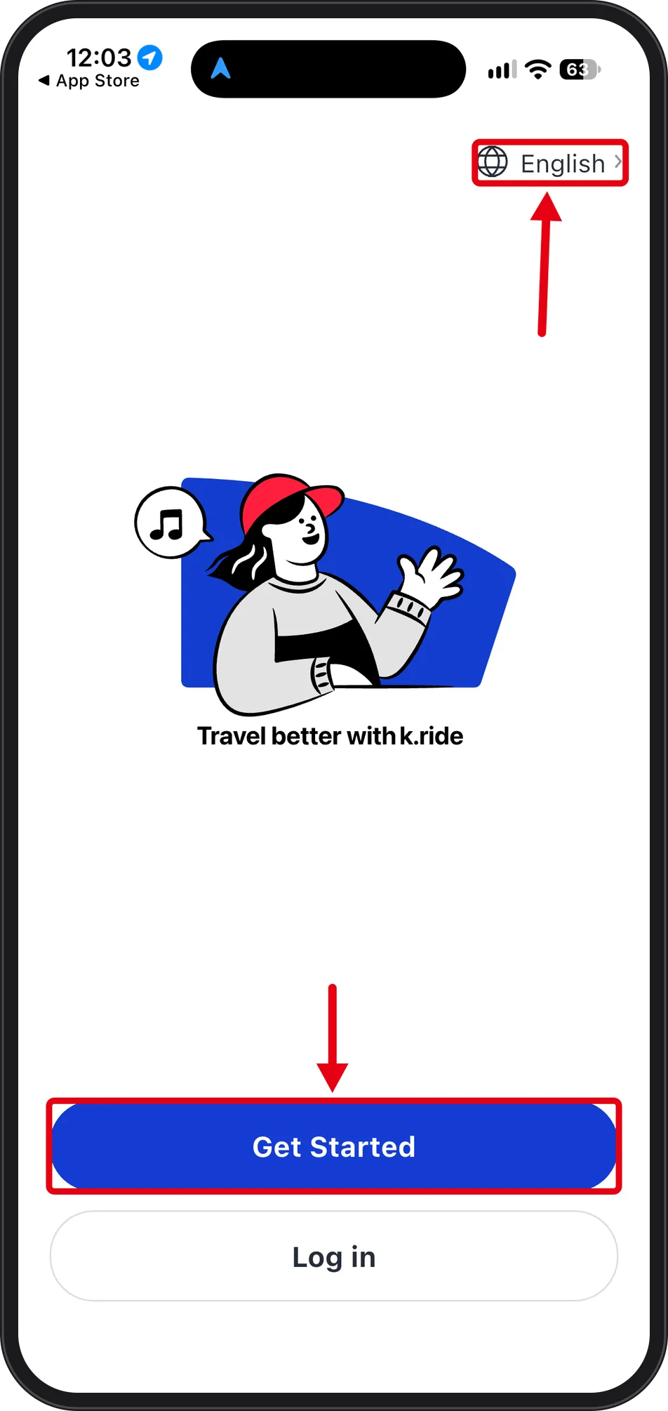 k.ride launch screen with the 