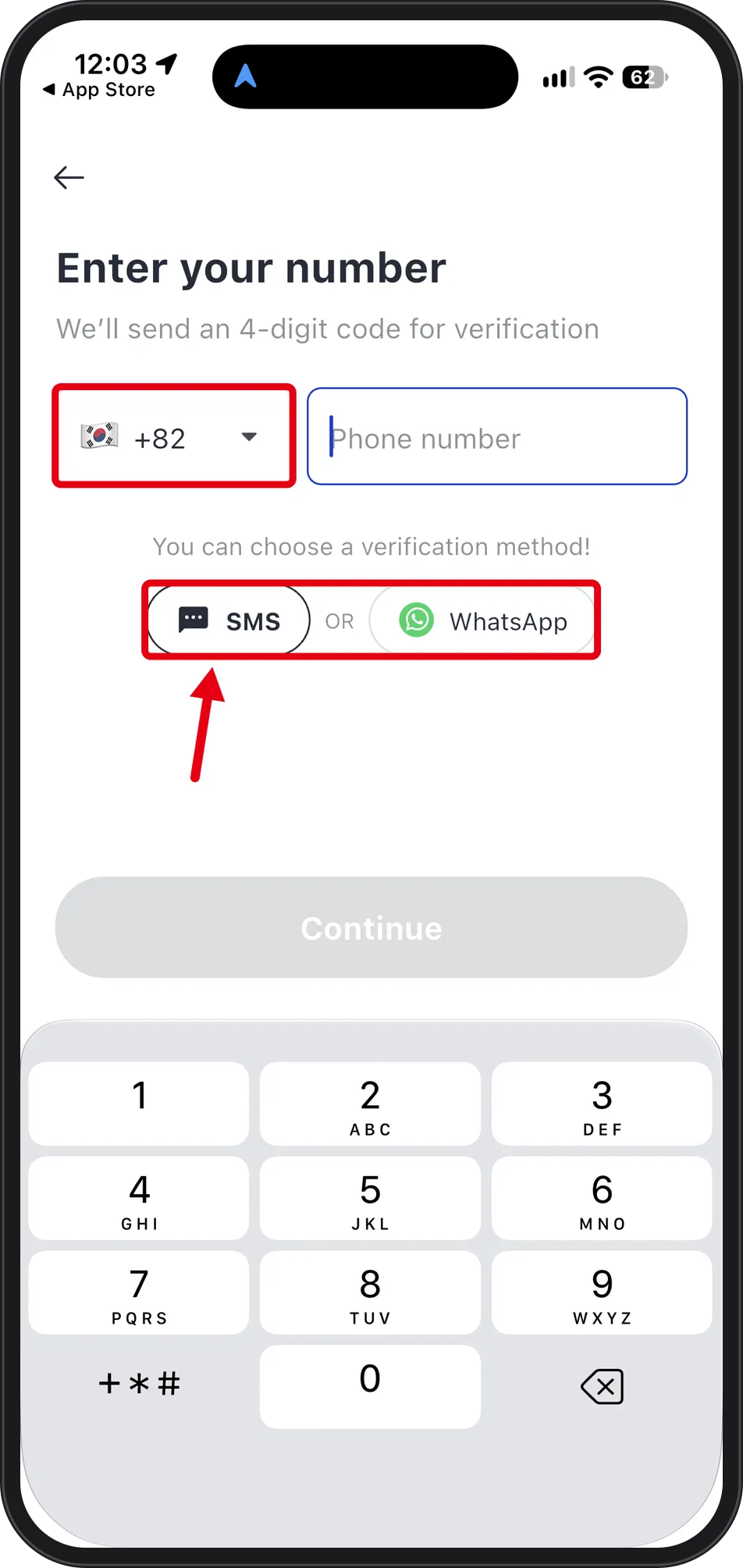 Phone number entry screen with the +82 country code field, number field, and SMS / WhatsApp buttons in red boxes