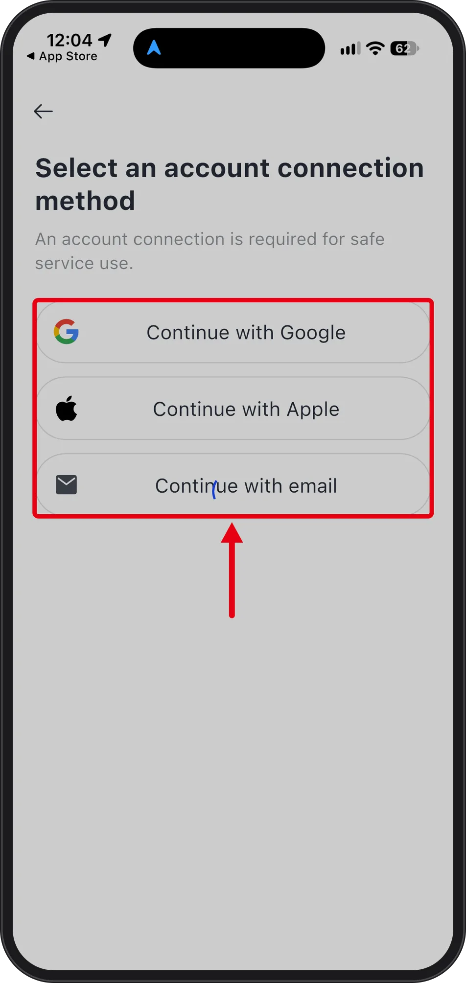 Account connection screen showing Continue with Google, Continue with Apple, and Continue with email in red boxes