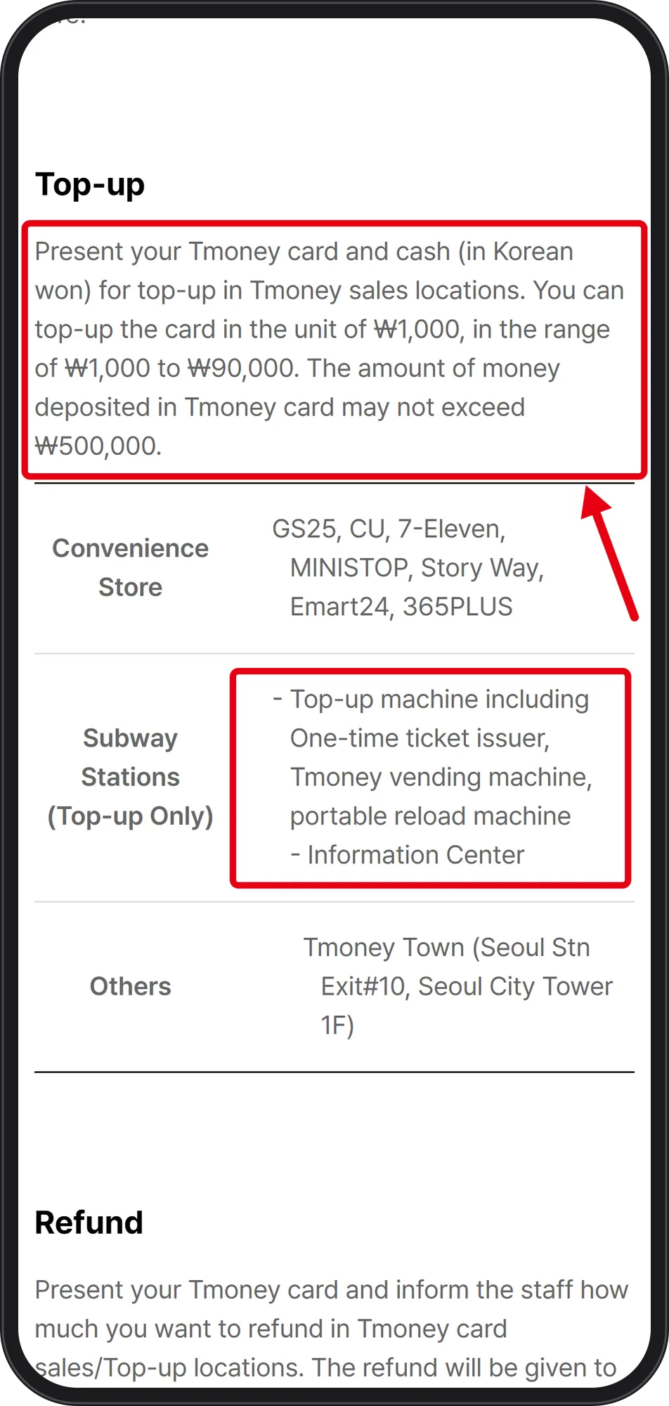 English Tmoney top-up guide with the amount limits highlighted by a red box