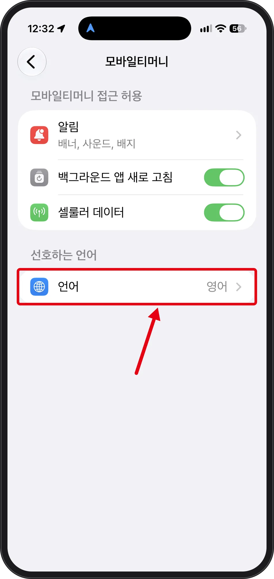 iPhone Settings screen for Mobile Tmoney with the Language – English row marked by a red box