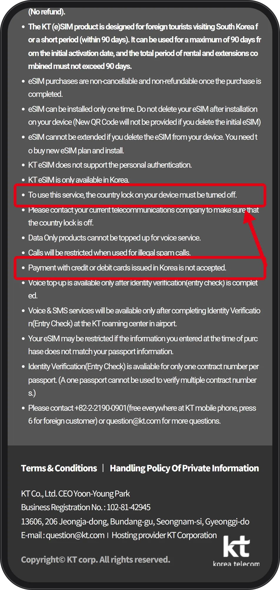KT eSIM notice page in English with red boxes on the country lock line and the Korean-issued card payment line