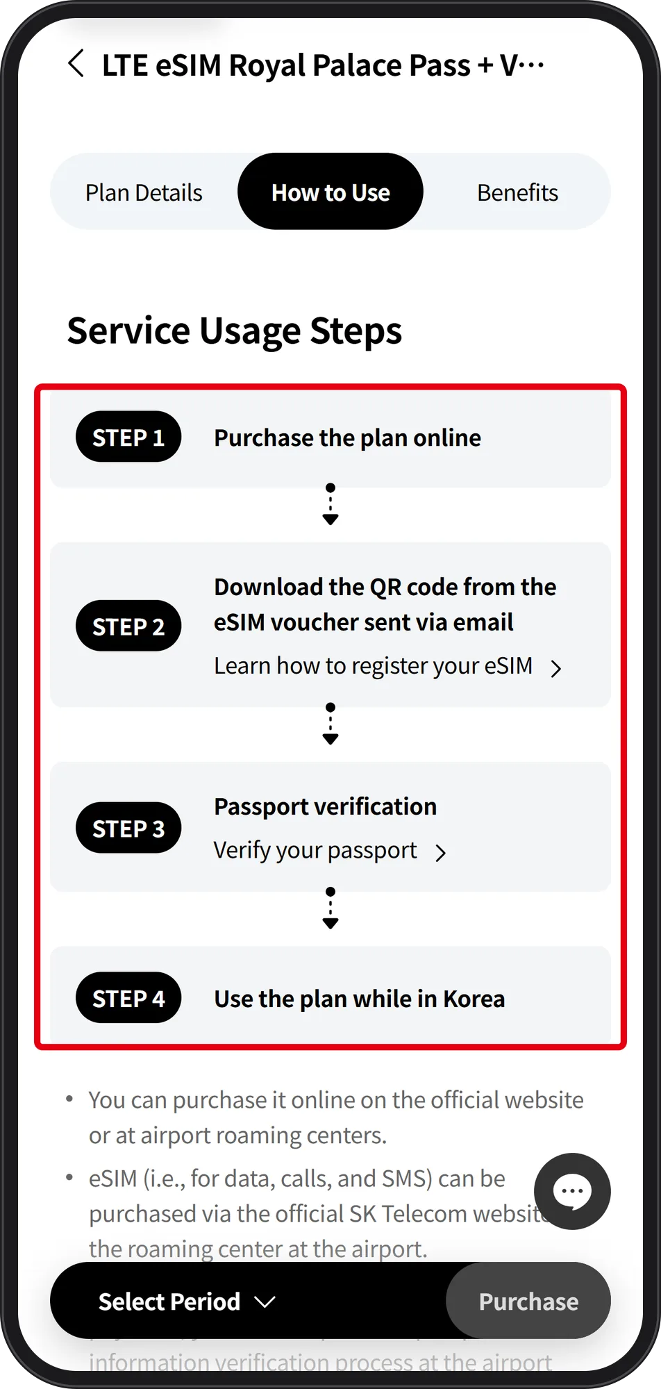SK Telecom LTE eSIM product page, How to Use tab, with the four service usage steps outlined in red