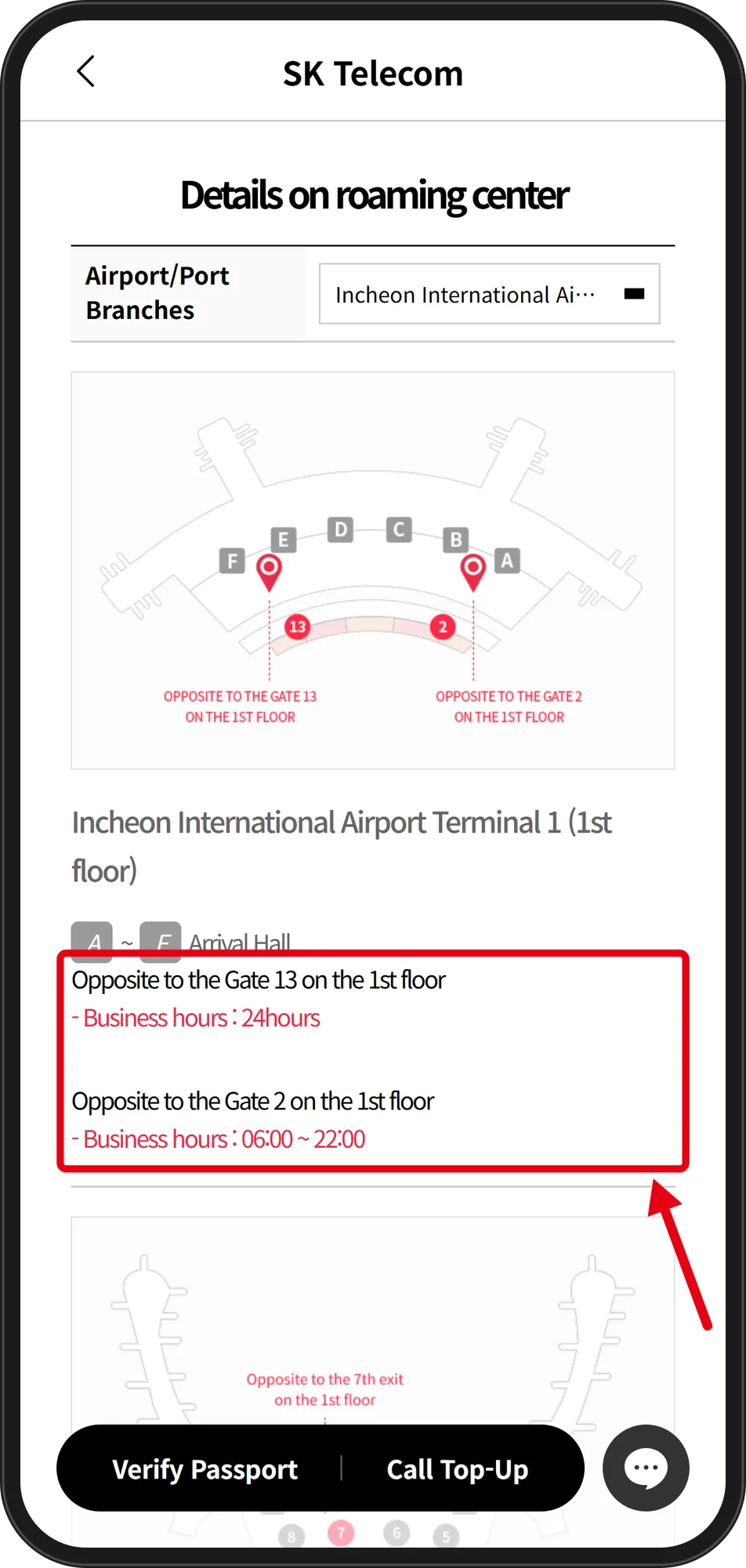 SK Telecom roaming center page with red boxes on the Gate 13 and Gate 2 counters on the 1st floor of Incheon Terminal 1